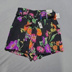 Express Shortie Shorts Womens 0 Black Floral Extreme High Rise Belted NWT